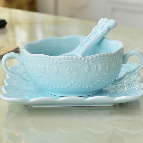 欧式陶瓷色釉双耳碗甜品碗麦片碗早餐碗碟带勺三件套