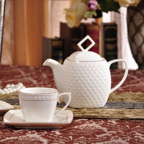 骨瓷冰花咖啡茶壶划金蕾丝水壶 浮雕白色茶壶咖啡