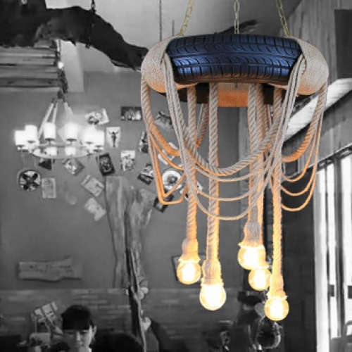 设计原创工业创意个性麻绳吊灯 麻绳轮胎客厅餐厅咖啡厅复古吊灯