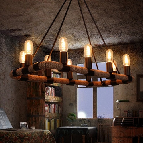 复古美式麻绳吊灯 个性艺术工程创意客厅长方形铁艺灯具灯饰