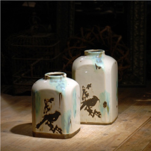 美式陶瓷方花瓶欧式田园创意花插花器做旧艺术品