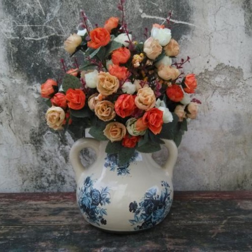 美式乡村田园家居手绘花瓶双耳 青花米白釉陶瓷创意花插摆件