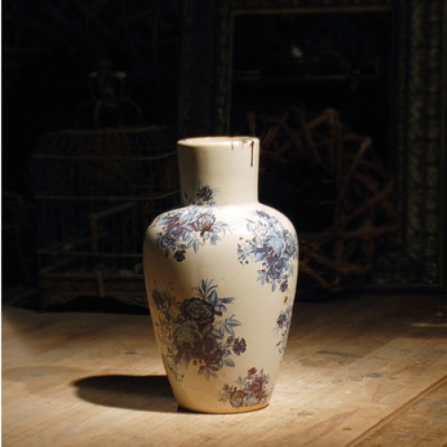 美式田园家居手绘花瓶 青花米白釉陶瓷创意花插摆件