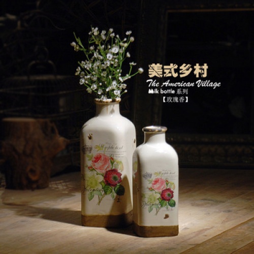 美式乡村田园陶花瓶瓷器摆件复古做旧花插草白方瓶